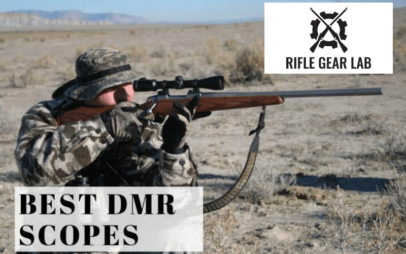 cover photo of best dmr scopes showing a man in camo shooting with a rifle with scope, article title, and logo