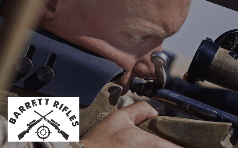 Man looking through scope with tan rifle