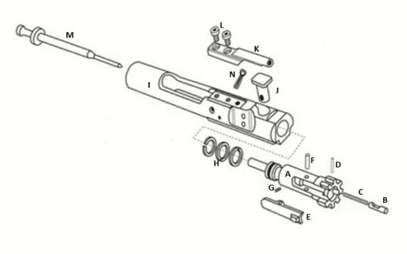 Complete bolt carrier group diagram with cam pin and bolt lugs and bolt assembly