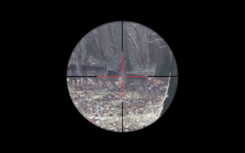 Illuminated mil-dot reticle with second focal plane aiming at deer
