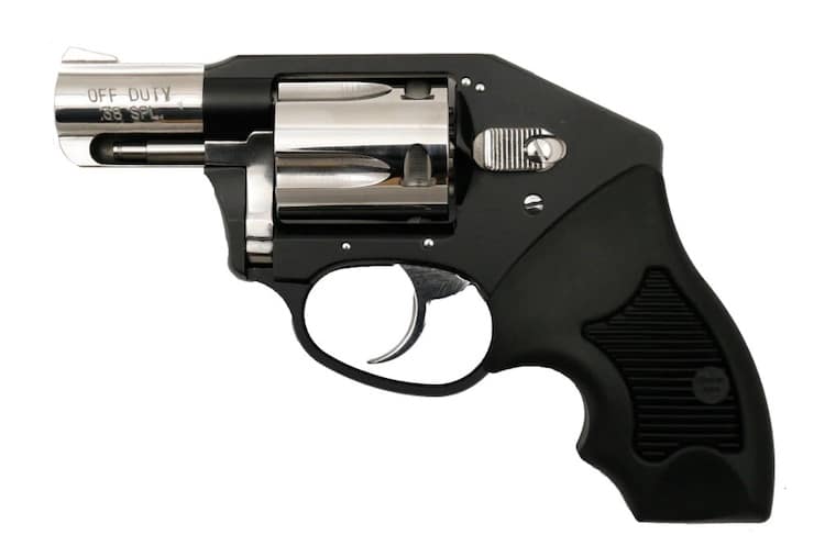 A black revolver on a white background