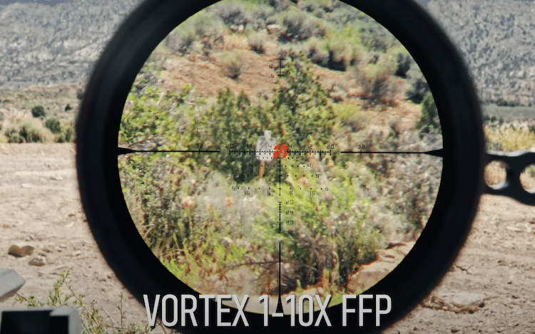 Reticle of a Vortex 1-10x FFP scope and a target in a desert area